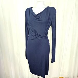 Elie Tahari Vala Dress Navy Midnight Blue Cowl Neck Drape Waist Long Sleeve Med